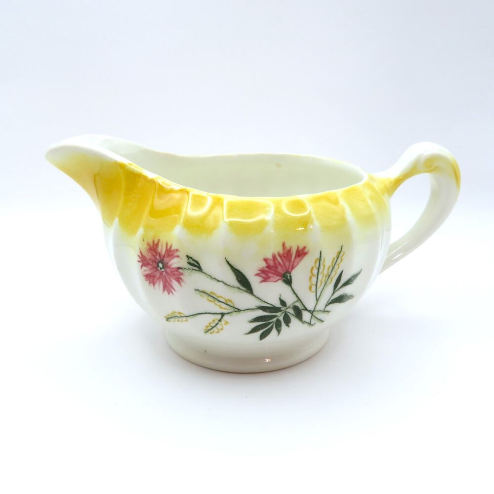 Vintage Yellow Floral Creamer Pink Flower Ceramic Pitcher Cottage Kitchen Decor